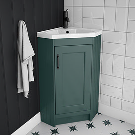 Chatsworth Traditional Green Corner Vanity Unit with Matt Black Handle Large Image