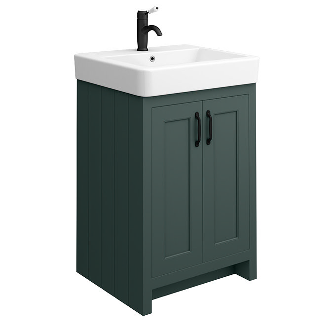 Chatsworth Traditional Green Double Basin Vanity + Cupboard Combination Unit with Matt Black Handles
