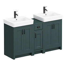 Chatsworth Traditional Green Double Basin Vanity + Cupboard Combination Unit with Matt Black Handles