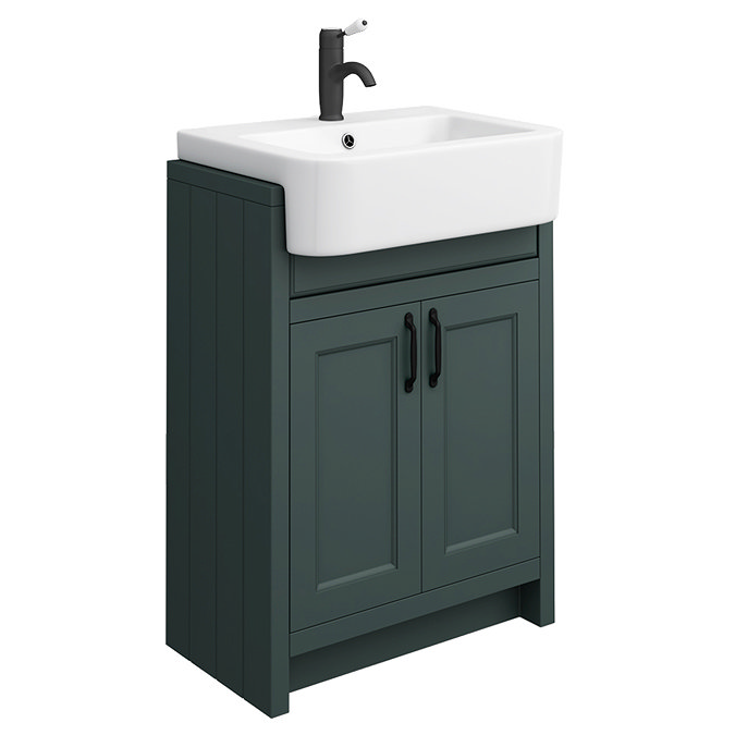 Chatsworth Traditional Green Semi-Recessed Vanity - 600mm Wide with Matt Black Handles Large Image