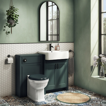 Chatsworth Traditional Green Semi-Recessed Vanity Unit w. Matt Black Handles + Toilet Package
