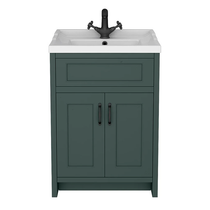 Chatsworth Traditional Green Vanity 620mm Wide with Matt Black Handles 1 Tap Hole