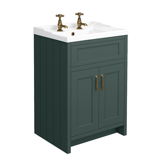 Chatsworth 620mm Traditional Green Vanity with Antique Brass Finish Handles - 2 Tap Hole