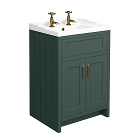 Chatsworth 620mm Traditional Green Vanity with Antique Brass Finish Handles - 2 Tap Hole