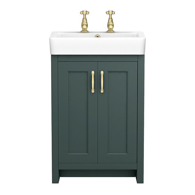 Chatsworth Traditional Green Vanity Unit - 2 Tap Hole, 560mm Wide, Brushed Brass Handles