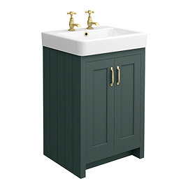 Chatsworth Traditional Green Vanity Unit - 2 Tap Hole, 560mm Wide, Brushed Brass Handles