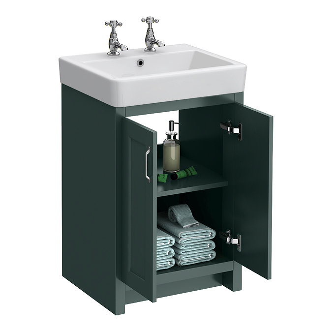 Chatsworth Traditional Green Vanity Unit - 2 Tap Hole, 560mm Wide, Chrome Handles