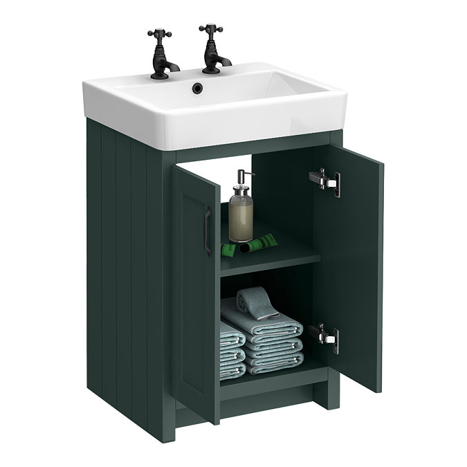 Chatsworth Traditional Green Vanity Unit - 2 Tap Hole, 560mm Wide, Matt Black Handles
