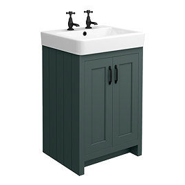Chatsworth Traditional Green Vanity Unit - 2 Tap Hole, 560mm Wide, Matt Black Handles