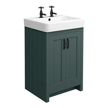 Chatsworth Traditional Green Vanity Unit - 2 Tap Hole, 560mm Wide, Matt Black Handles