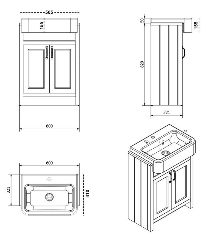 Chatsworth Traditional Grey 600mm Semi-Recessed Vanity with Brushed Brass Handles