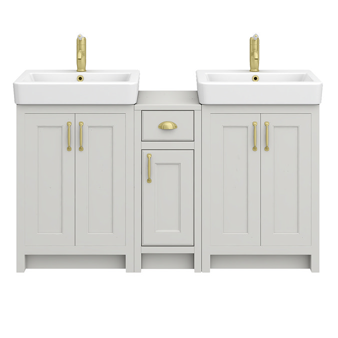 Chatsworth Traditional Grey Double Basin Vanity + Cupboard Combination Unit with Brushed Brass Handles