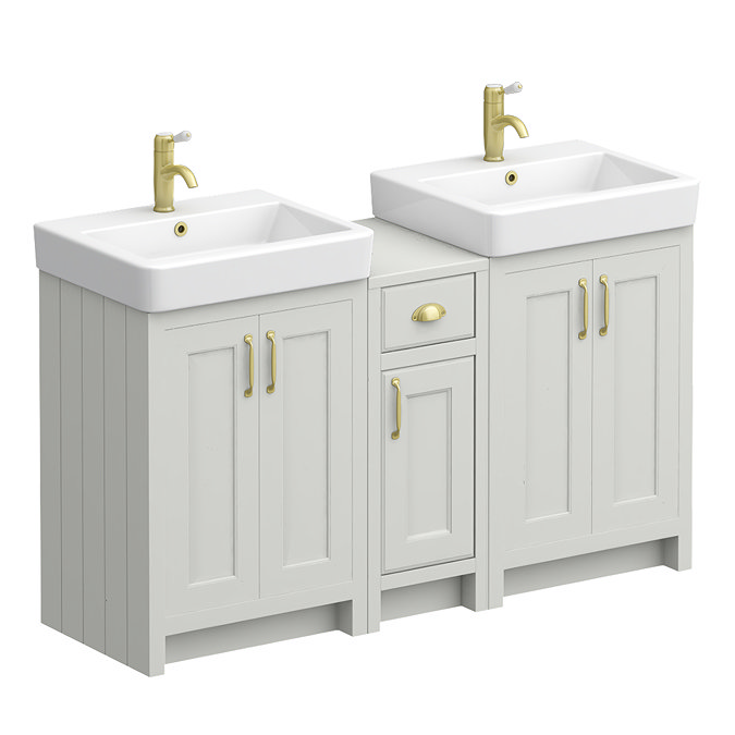 Chatsworth Traditional Grey Double Basin Vanity + Cupboard Combination Unit with Brushed Brass Handles