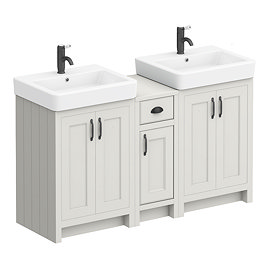 Chatsworth Traditional Grey Double Basin Vanity + Cupboard Combination Unit with Matt Black Handles