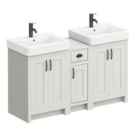Chatsworth Traditional Grey Double Basin Vanity + Cupboard Combination Unit with Matt Black Handles