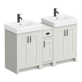 Chatsworth Traditional Grey Double Basin Vanity + Cupboard Combination Unit with Matt Black Handles 