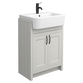 Chatsworth Traditional Grey Semi-Recessed Vanity - 600mm Wide with Matt Black Handles Large Image