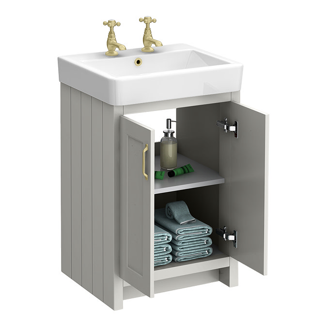 Chatsworth Traditional Grey Vanity with Brushed Brass Handles (560mm Wide 2 Tap Hole)