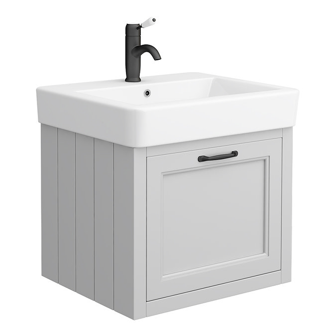 Chatsworth Traditional Grey Wall Hung Vanity - 560mm Wide with Matt Black Handle Large Image