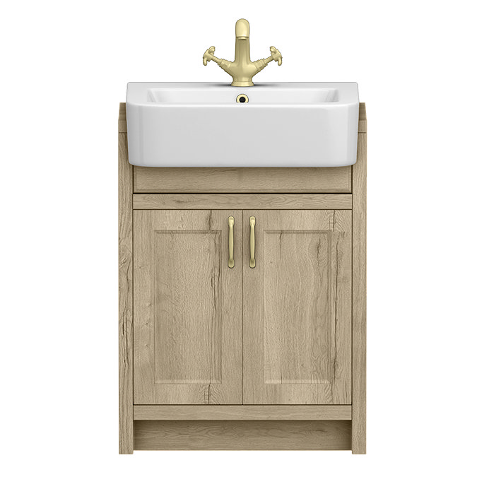 Chatsworth Traditional Natural Oak Semi-Recessed Vanity - 600mm Wide with Brushed Brass Handles