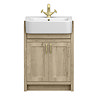 Chatsworth Traditional Natural Oak Semi-Recessed Vanity - 600mm Wide with Brushed Brass Handles