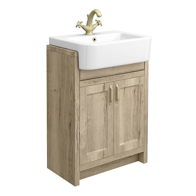 Chatsworth Traditional Natural Oak Semi-Recessed Vanity - 600mm Wide with Brushed Brass Handles