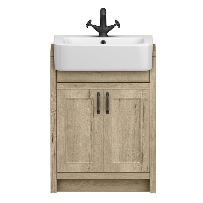 Chatsworth Traditional Natural Oak Semi-Recessed Vanity - 600mm Wide with Matt Black Handles