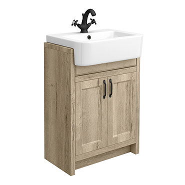 Chatsworth Traditional Natural Oak Semi-Recessed Vanity - 600mm Wide with Matt Black Handles