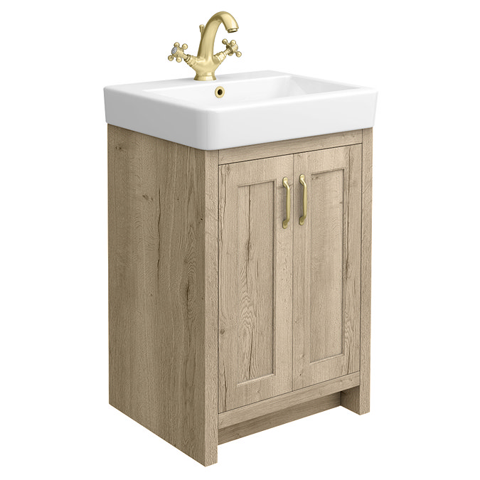 Chatsworth Traditional Natural Oak Vanity - 560mm Wide with Brushed Brass Handles