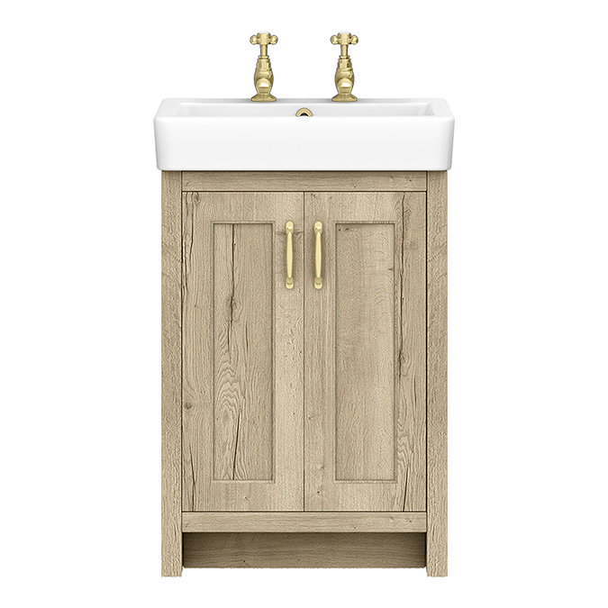 Chatsworth Traditional Natural Oak Vanity Unit - 2 Tap Hole, 560mm Wide, Brushed Brass Handles