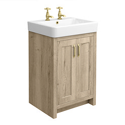 Chatsworth Traditional Natural Oak Vanity Unit - 2 Tap Hole, 560mm Wide, Brushed Brass Handles