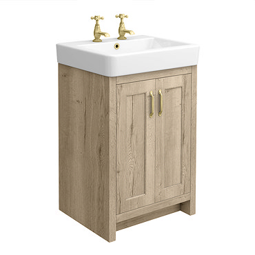 Chatsworth Traditional Natural Oak Vanity Unit - 2 Tap Hole, 560mm Wide, Brushed Brass Handles