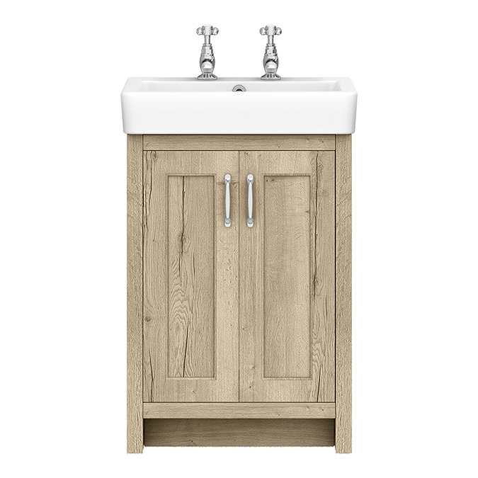 Chatsworth Traditional Natural Oak Vanity Unit - 2 Tap Hole, 560mm Wide, Chrome Handles