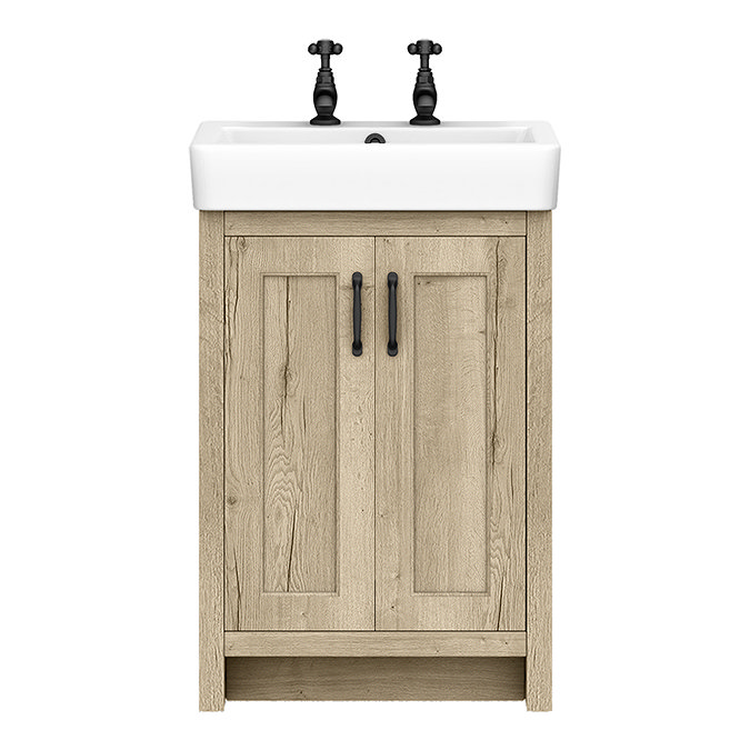 Chatsworth Traditional Natural Oak Vanity Unit – 2 Tap Hole, 560mm Wide, Matt Black Handles