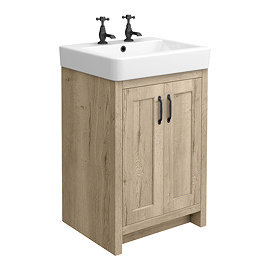 Chatsworth Traditional Natural Oak Vanity Unit – 2 Tap Hole, 560mm Wide, Matt Black Handles