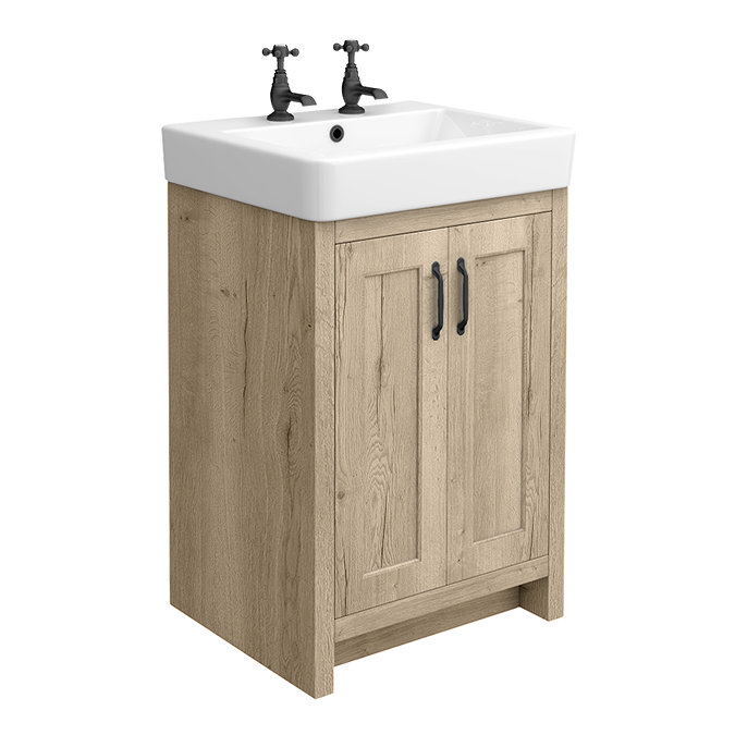 Chatsworth Traditional Natural Oak Vanity Unit – 2 Tap Hole, 560mm Wide, Matt Black Handles