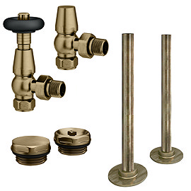 Chatsworth Traditional Thermostatic Angled Radiator Valve and Pipe Set Antique Brass & Black