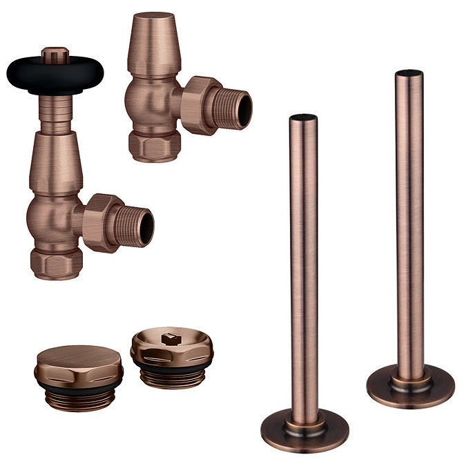 Chatsworth Traditional Thermostatic Angled Radiator Valve and Pipe Set Antique Copper