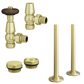 Chatsworth Traditional Thermostatic Angled Radiator Valve and Pipe Set Brushed Brass