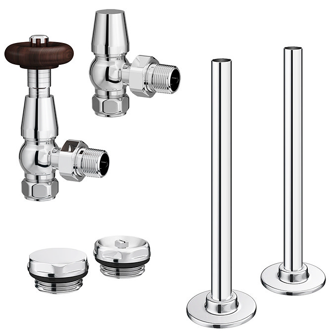 Chatsworth Traditional Thermostatic Angled Radiator Valve and Pipe Set Chrome