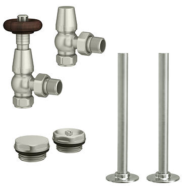 Chatsworth Traditional Thermostatic Angled Radiator Valve and Pipe Set Satin Nickel