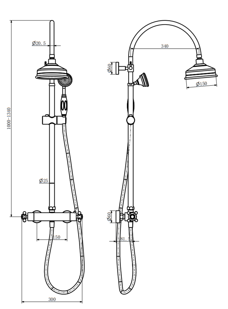 Chatsworth Traditional Crosshead Thermostatic Shower Incl. Arching Rigid Riser Kit - Polished Chrome