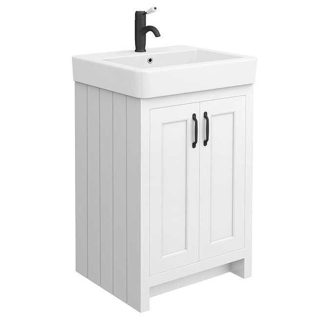 Chatsworth Traditional White Double Basin Vanity + Cupboard Combination Unit with Matt Black Handles