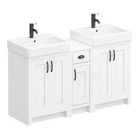 Chatsworth Traditional White Double Basin Vanity + Cupboard Combination Unit with Matt Black Handles