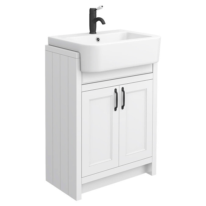 Chatsworth Traditional White Semi-Recessed Vanity - 600mm Wide with Matt Black Handles Large Image