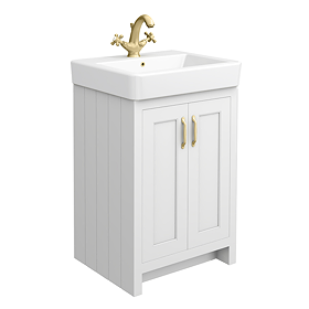 Chatsworth Traditional White Vanity - 560mm Wide with Brushed Brass Handles