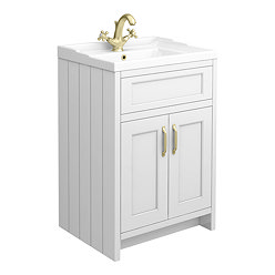 Chatsworth Traditional White Vanity 620mm Wide with Brushed Brass Handles