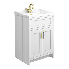 Chatsworth Traditional White Vanity 620mm Wide with Brushed Brass Handles