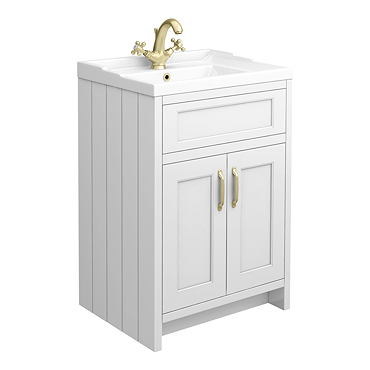 Chatsworth Traditional White Vanity 620mm Wide with Brushed Brass Handles