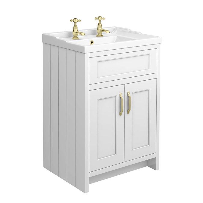 Chatsworth Traditional White Vanity 620mm Wide with Brushed Brass Handles